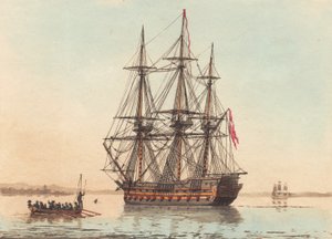 Een Deens oorlogsschip voor anker in de vroege ochtend door Niels Truslew