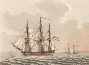 Een Deens oorlogsschip voor anker, drogend zijn schip