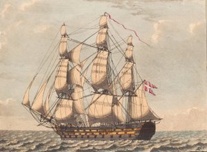 Een Deens verlof schip, gezien in de luwte, met zijwind