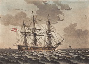 Een oorlogsschip voor anker in een storm door Niels Truslew