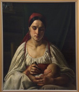 Russische boerin voedt haar baby met een koehoorn. Schilderij van Nikifor Stepanovich Krylov (1802-1831) door Nikifor Stepanovich Krylov