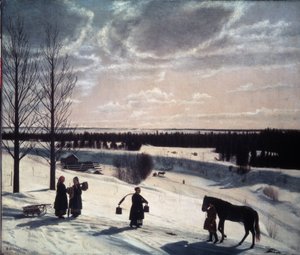 Winterscène, Russische winter. Beschrijving van een besneeuwd landschap in het avondlicht, met figuren op de weg: een man met een paard en vrouwen, een met emmers en twee anderen die bij een slee praten.