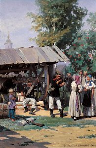 Russische Soldaten in een Dorp, 1877