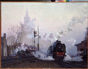 Onderweg. De stoomlocomotieven verdrinken het stadslandschap in de rook van hun schoorstenen