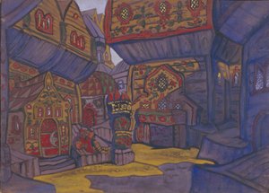 Het hof van prins Vladimir Galitsky. Decorontwerp voor de opera Prins Igor door A. Borodin, 1914