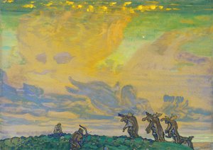 Het grote offer. Decorontwerp voor het ballet Le Sacre du Printemps van I. Stravinsky
