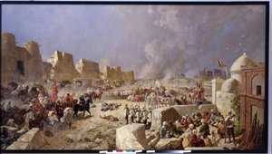 Het Russische leger valt Samarkand binnen (Oezbekistan). Periode van de Russische expansie naar Centraal-Azië, de Russen nemen Samarkand in 1868. door Nikolai Nikolayevich Karasin
