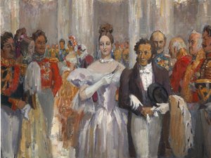 Alexander Pushkin met zijn vrouw op het bal