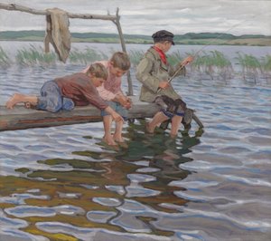 Jongens Vissen van een Pier door Nikolai Petrovich Bogdanov Belsky
