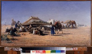 Caïro (Egypte). Kampeerscène van een karavaan in de woestijn, de stad op de achtergrond.