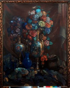 Stilleven (Vazen, bloemen en fruit)