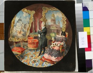 De architect Auguste Ricard de Montferrand en zijn vrouw in hun salon, trots kijkend naar schilderijen van zijn werken door Nikolay Benois