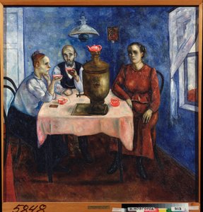 Theetijd (Scène uit het dagelijks leven, een verdrietige familie drinkt thee rond een samovar) door Nikolay Vladimirovic Sinezubov
