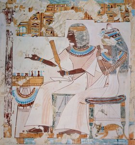 Neferrompet en zijn vrouw spelen schaak, kopie van fresco uit het graf van Neferrompet, Thebe, daterend uit de regeerperiode van Ramesses II, plaat uit Ancient Egyptian Paintings, door Nina Davies