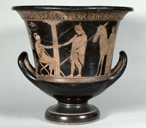 Attische roodfigurige kalyx krater die een hopliet toont die terugkeert van de oorlog (keramiek)
