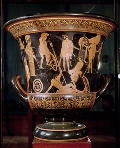 Attische roodfiguren calyx krater met Hercules met een lauwerkrans met Athena en andere Griekse helden