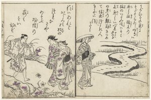 Wandelaars in een landschap met bloemen door Nishikawa Sukenobu (attributed to)