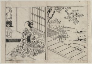 Vrouw die naar een Hangende Rol Kijkt door Nishikawa Sukenobu