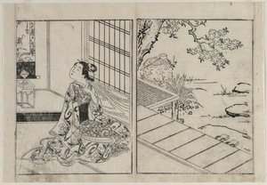 Vrouw die naar een Hangende Rol kijkt, ca. 1740 door Nishikawa Sukenobu