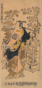 De acteur Ogino Isaburo als een rondtrekkende bloemenverkoper, ca. 1738 door Nishimura Shigenobu