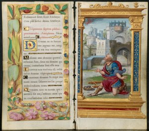 Aangrenzende bladen uit een getijdenboek: Boetpsalmen en koning David in gebed door Noel Bellemare