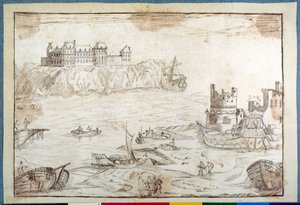 Een kasteel op kliffen, met studies van galeien en vissersboten
