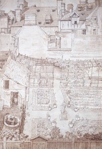Een tuin van een herenhuis, met perken en wijnpergola, omgeven door gebouwen, ca. 1677