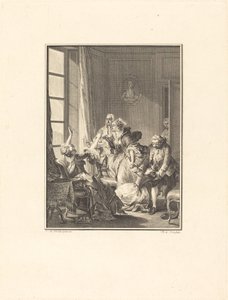 Julie valt flauw in een fauteuil door Noël Le Mire after Jean Michel Moreau