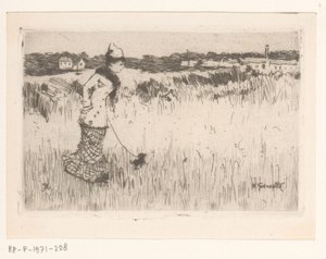 Wandelende dame met hond in een landschap door Norbert Goeneutte