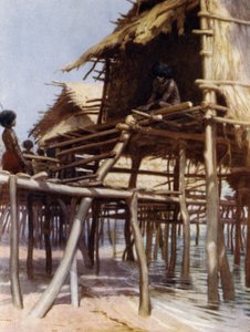 In de Paalwoningen bij Hanuabada, Port Moresby, Brits Nieuw-Guinea
