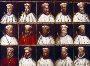 Wapenschild van de Republiek Genua en portretten van de Doges. Gaspare Grimaldi Bracelli, Luca Spinola, Giacomo Promontorio, Agostino Pinello Ardimenti, Pietro Giovanni Chiavica, Girolamo Vivaldi, Paolo Battista Giudice, Battista Cicala Zoaglio, Giovan