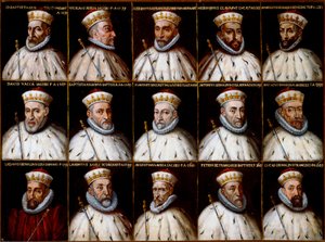 Wapenschild van de Republiek Genua en portretten van de Doges. Gio. Battista Gentile Pignolo, Nicolò Doria, Gerolamo De Franchi Toso, Gerolamo Chiavari, Ambrogio Di Negro, Davide Vacca (of Vaccari), Battista Negrone, Gio Giustiniani Campi, Antonio Grimal