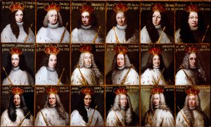 Wapenschild van de Republiek Genua en portretten van de Doges. Giovanni Battista Cattaneo, Francesco Invrea, Negrone Bendinelli, Francesco Maria Sauli, Girolamo De Mari, Federico De Franchi, Antonio Cebà Grimaldi, Onorato Stefano Ferreti, Domenico De Ma