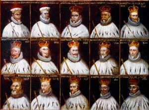 Wapenschild van de Republiek Genua en portretten van de Doges. Giovanni Stefano Doria, Francesco Gio. Brignole Sale, Agostino Pallavicini, Giov.Battista Durazzo, Agostino Giovanni De Marini, Giovan Battista Lercari, Luca Giustiniani, Giovanni Battista L door Northern Italian School