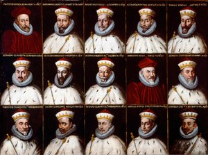 Wapenschild van de Republiek Genua en portretten van de doges. Silvestro Invrea, Gerolamo Assereto, Agostino Pinello Luciani, Alessandro Giustiniani Longo, Tomaso Spinola, Clavarezza Bernardo, Giovanni Giacomo Imperiale (Tartaro), Pietro Durazzo, Ambrogio