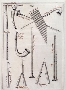 Blaasinstrumenten Pagina uit "de Tribus Generibus Instrumentorum Musicae Veterum" werk over oude instrumenten door Francesco Bianchini door Northern Italian School
