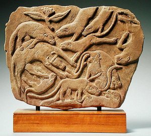 Reliëf met honden die een koe vellen, 4e-5e eeuw door Nubian Nubian
