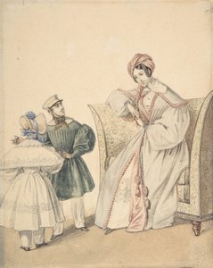 Mode tekening met een vrouw zittend in een stoel met een jongen en meisje, 19e eeuw
