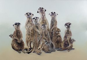 Meerkat mob, zonne-engelen, 2013 (acryl op gegessuurd hout) door Odile Kidd