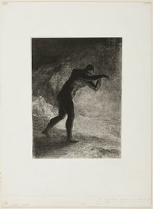 En de mens verscheen; Vragend naar de aarde waaruit hij voortkwam en die hem aantrok, maakte hij zijn weg naar sombere helderheid, plaat 8 van 8 uit "Les Origines"
