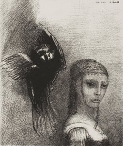 En een grote vogel, die uit de lucht neerdaalt, werpt zich tegen het hoogste punt van haar haar, plaat 3 van 10