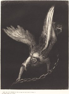 En toen zag ik een engel uit de hemel neerdalen, met de sleutel van de afgrond en een grote ketting in zijn hand door Odilon Redon