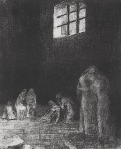 In de schaduw huilen en bidden mensen... door Odilon Redon