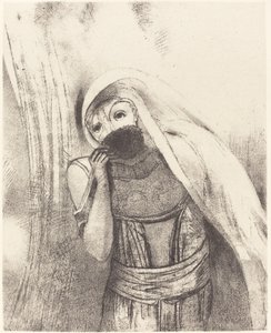Ze haalt een spons uit haar borst, helemaal zwart, en bedekt deze met kussen door Odilon Redon