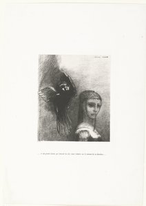 En een grote vogel, die afdaalt uit de hemel, strijkt neer op de kruin van haar kapsel door Odilon Redon