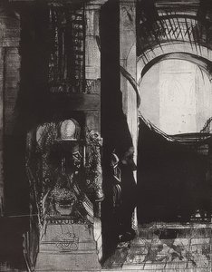 En overal zijn er basaltkolommen, het licht valt van de gewelven, blad 3 van de serie La Tentation de Saint-Antoine