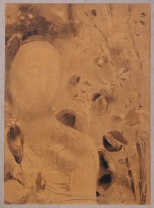 Bloemen en gezicht (houtskool op papier) door Odilon Redon
