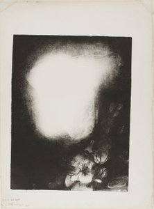 Hoofd van een vrouw met corsage van bloemen door Odilon Redon