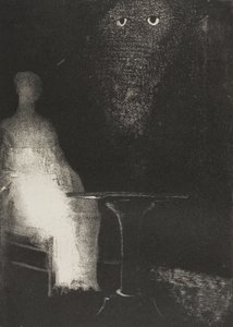 Ik bleef naar de stoel staren en verbeeldde me een vaag blauw mistig silhouet van een menselijke figuur te zien, plaat 1 van 6 door Odilon Redon