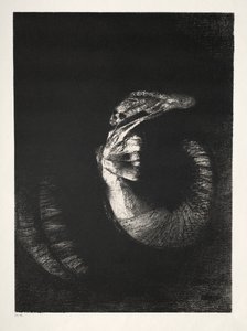 Het is een Schedel met Rozen Omkranst. Het Domineert een Vrouwentorso van Parelmoerwitheid door Odilon Redon